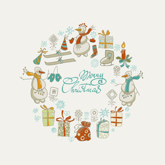 Merry Christmas. Winter Holiday greeting card with calligraphy. Hand drawn design elements. Handwritten modern lettering.