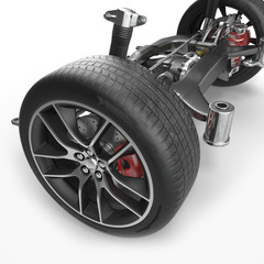 Car disc brake with red caliper, and back suspension on white. 3D illustration