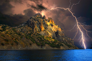 Thunderstorm and lightning on the Black sea shore, Crimea /Lightning over the coast of the Black...
