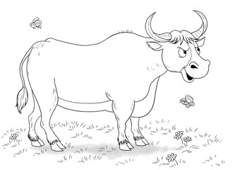 At the farm. Domestic animals. Illustration of a cute funny bull and butterflies. Coloring book. Coloring page. Cartoon characters.