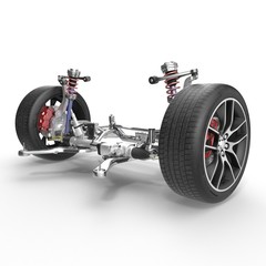 Obraz na płótnie Canvas Front suspension with wheel of drive car. New tire. On white. 3D illustration