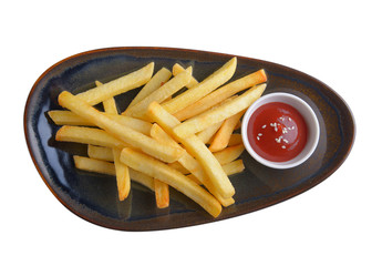 French fries with tomato sauce in caramic plate isolated on whit