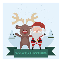 Santa and reindeer banner with snow scene background