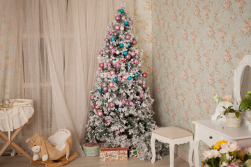 Christmas and New Year decorated interior room with presents and New year tree