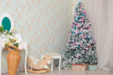 Christmas and New Year decorated interior room with presents and New year tree