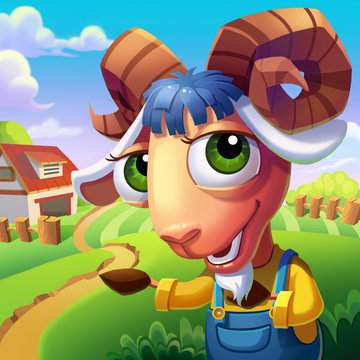 The Sheep with Convoluted Horns Welcome You to His Farm! Video Game's Digital CG Artwork, Concept Illustration, Realistic Cartoon Style Background and Character Design
