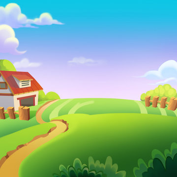 Beautiful Farm on the Sunny Day under the Green Hill. Video Game's Digital CG Artwork, Concept Illustration, Realistic Cartoon Style Background
