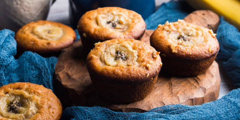 Home made banana muffins on grill. Banner