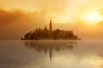 Amazing sunrise at the lake Bled in autumn, Slovenia
