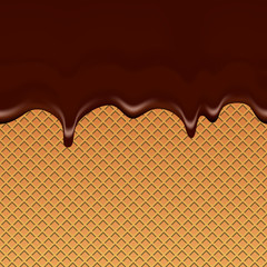 Chocolate flowing on the wafer, sweet, confectionery. Vector background