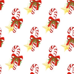 watercolor hand drawn holiday pattern with Christmas candy canes,golden stars,bows,holly leaves and berries. seamless background.
