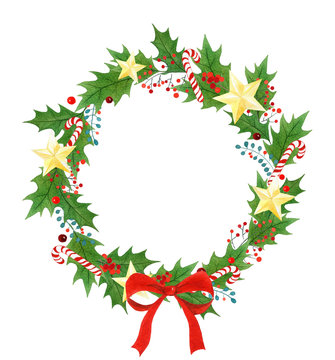 isolated Christmas wreath with branches, leaves, holly berries,candy canes,bow,golden stars. seasonal design for greeting cards.