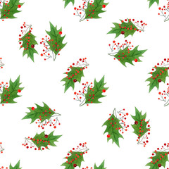 watercolor seamless pattern with hand draw Christmas and New Year elements.:holly berries and leaves.wrapping paper design.