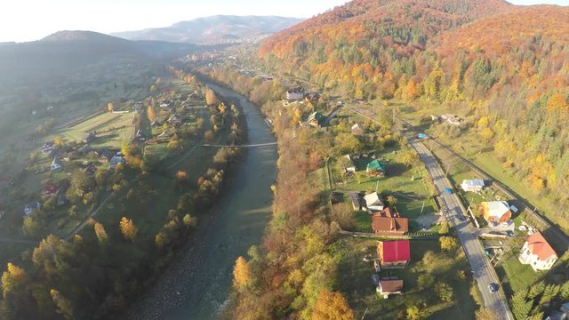 aerial view of  the Ukrainian town Yaremche located at near the Carpathian Mountains, raw