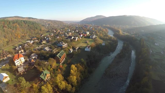 aerial view of  the Ukrainian town Yaremche located at near the Carpathian Mountains, raw