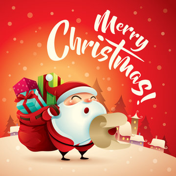 Merry Christmas! Santa Claus in Christmas snow scene. Christmas greeting card.