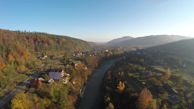 aerial view of  the Ukrainian town Yaremche located at near the Carpathian Mountains, raw
