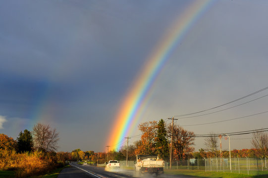 Rainbow Over Autumn Hillside In Berkshires Hudson Valley NY