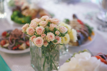 Beautiful flowers on table in wedding day
