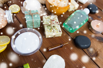 natural body care cosmetics on wood