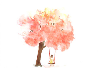 Autumn tree with woman on swing, watercolor painting
