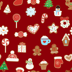 Vector seamless background with Christmas gingerbread cookies on red.
