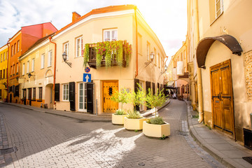 View on the beautiful narrow pedestrian street in the old town of Vilnius, Lithuania
