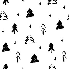 Seamless pattern with hand draw fir-trees. Christmas seamless ornament for textile and wrapping. Vector