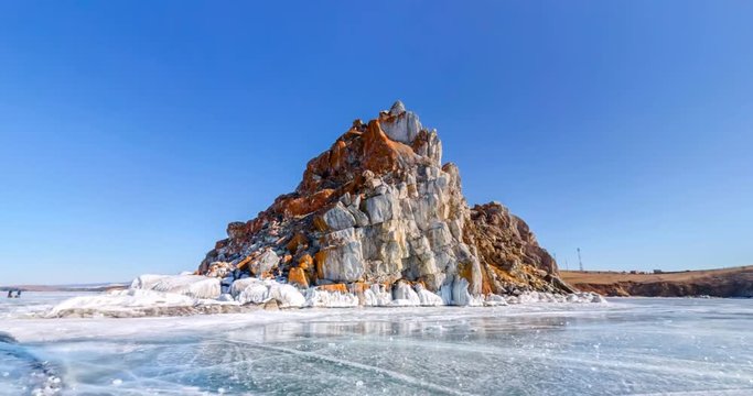 Aerial Shaman Rock on Olkhon Island Lake Baikal, alienation from land and guidance