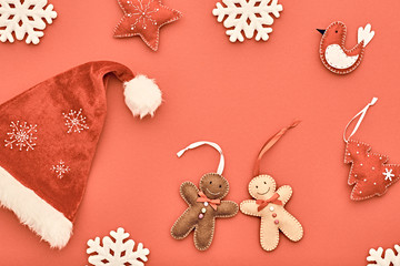Christmas background decoration Handmade, Christmas holiday Santa hat, Happy Gingerbread. Snowflakes, Fir. New Year 2017. XMAS Design Ornament. Festive Art christmas Greeting Card. Retro Vintage