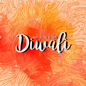 Vector illustration on the theme of the traditional celebration happy diwali. curls and watercolor spot with the inscription. Deepavali light  fire festival.