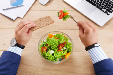 Healthy business lunch top view at table.
