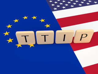 Letter Tiles: TTIP between the USA and the European Union with US And EU Flag, 3d illustration