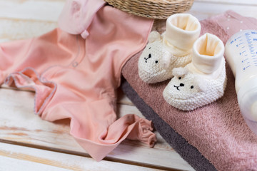 set of fashion trendy clothes and kids stuff for little baby girl