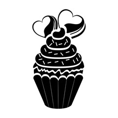 silhouette of sweet cupcake with chips and heart icon over white background. love design. vector illustration