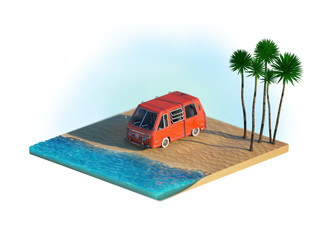 3d illustration of travel car, beach and palm trees, sunny hot holiday, cartoon minivan, camping place