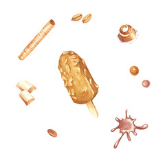 Set with ice-cream and ingredients . Hand drawing watercolor illustration