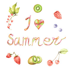 Fruits, berries and inscription. Hand draw watercolor illustration