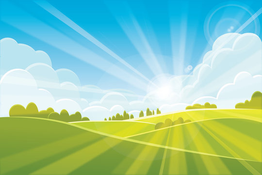 Sunrise Summer Or Spring Landscape - Vector Illustration 