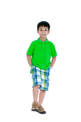 Full body of happy asian child smiling and looking at camera. Isolated on white background.