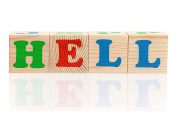 Hell word formed by colorful wooden alphabet blocks, isolated on white background 