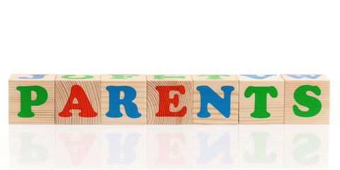 Parents word formed by colorful wooden alphabet blocks, isolated on white background 