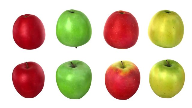 Turning apples, four options. 3d animation with an alpha matte, full HD 1080