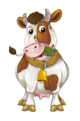 Cartoon happy cow is standing resting looking and eating grass - artistic style - isolated background - illustration for children