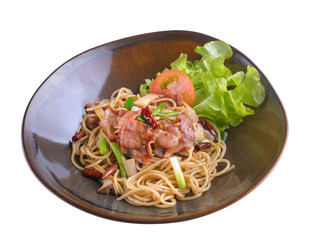 spaghetti ham in ceramic plate on white background