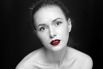 beauty girl on the dark background, Concept color, black, white and red