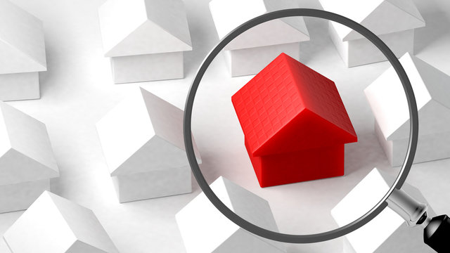 Gros plan sur une maison. Focus sur ses caract&eacute;ristiques. Comparaison immobili&egrave;re. Illustration conceptuelle. Rendu 3D 