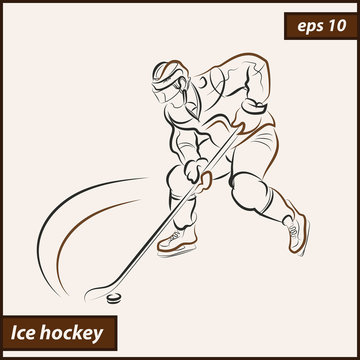 Vector illustration. Illustration shows a hockey player in attack. Ice Hockey