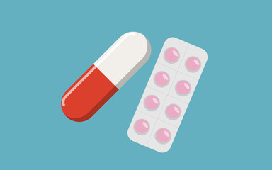 Drugs and Pills on blue background, Medical pill, Tablet symbol. Vector Illustration.