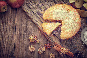 Homemade Apple tart with cinnamon and copy space